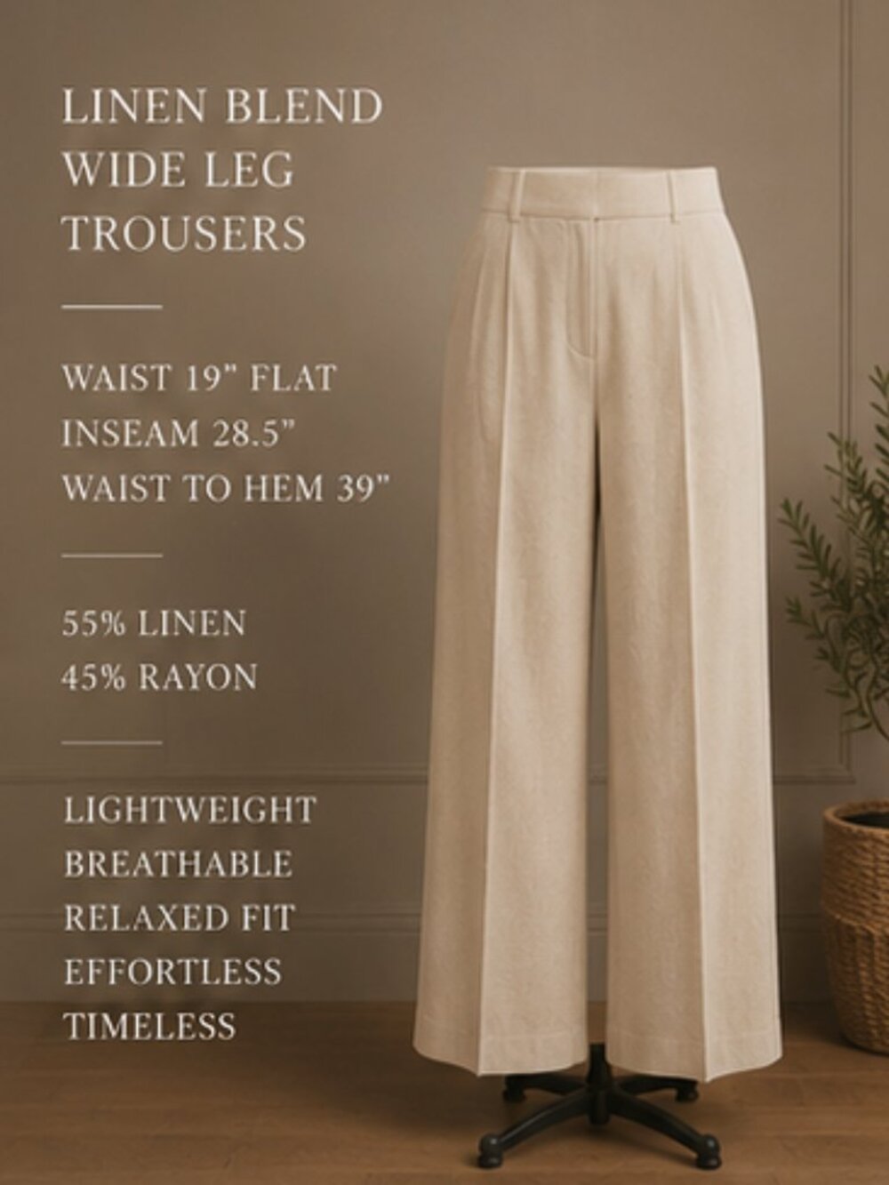 Linen Blend Wide Leg Cropped Trousers Neutral Beige Relaxed Minimalist 16P